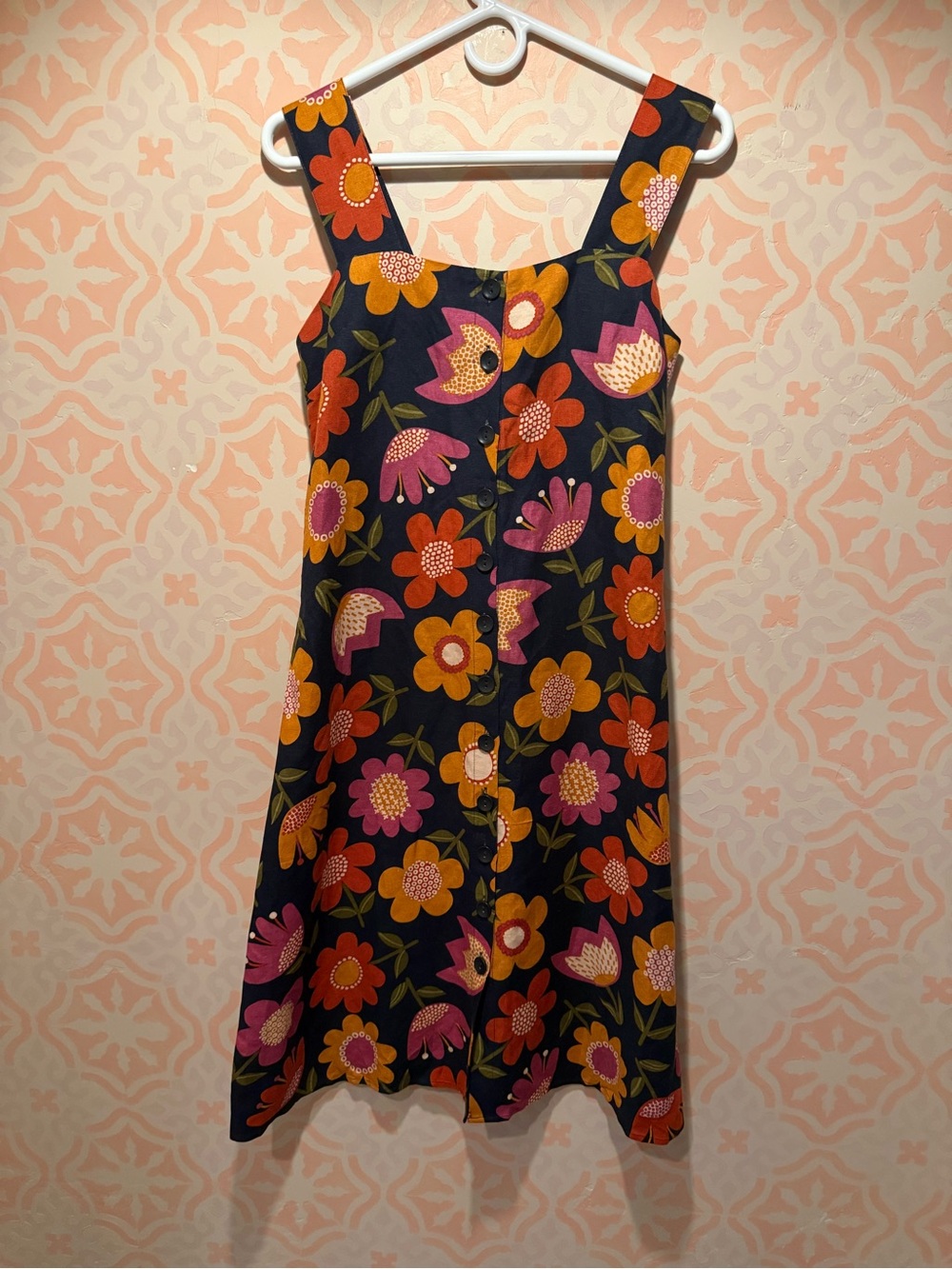Floral Button-Front Sundress in Navy with Multi-Color Blooms